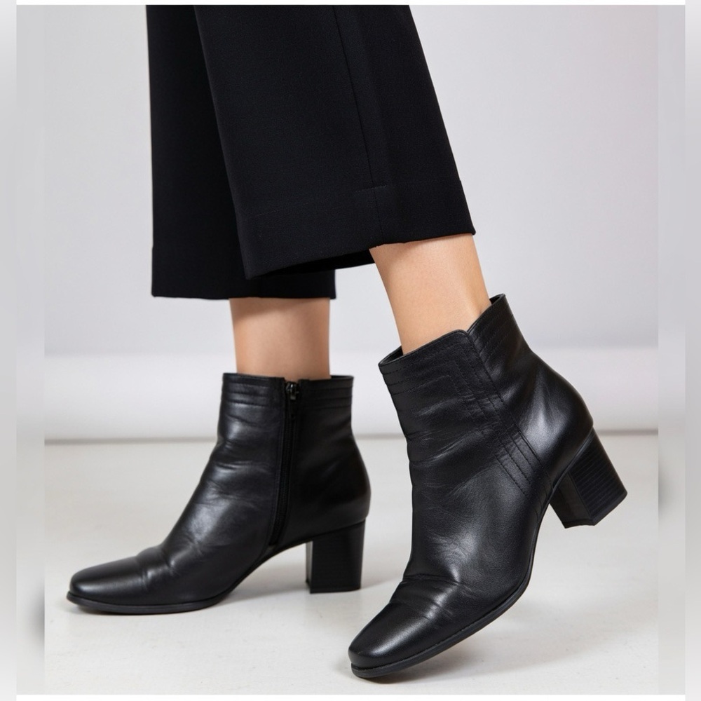 Caressa Black Genuine Leather Ankle Boots Block Heel Size 8.5